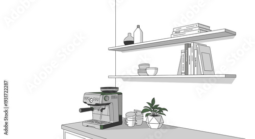 Modern coffee machine on counter with floating shelves vector on isolated  white background.
