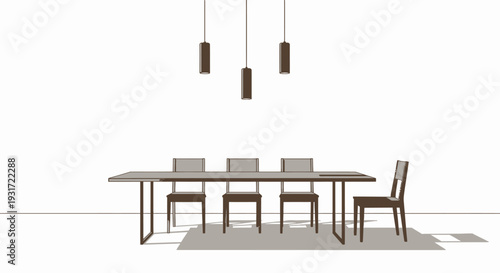 Modern dining table with chairs and pendant lights vector on isolated  white background.