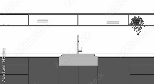 Modern kitchen with sleek sink and clean dishes vector on isolated  white background.