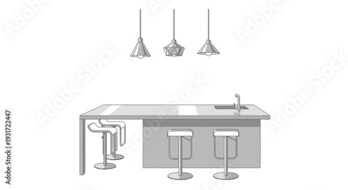 Modern kitchen island with stools and pendant lights vector on isolated  white background.