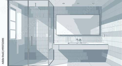 Modern bathroom with sleek shower and minimalist sink vector on isolated  white background.