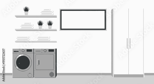 Modern laundry room with washing machine and dryer vector on isolated  white background.
