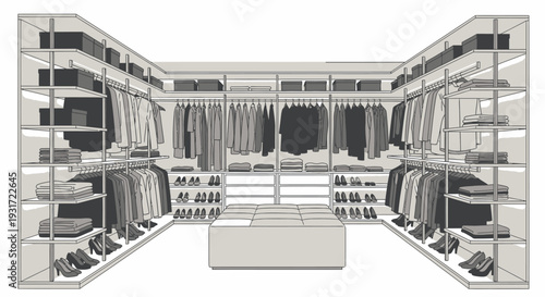 Luxury walk-in closet with modern storage and elegant decor vector on isolated  white background.