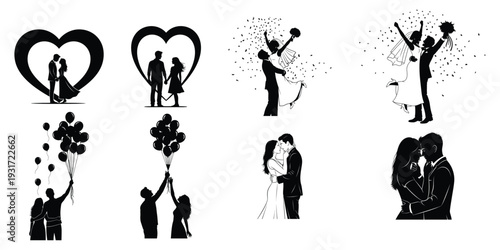 Romantic silhouettes of couples in various scenes and shapes