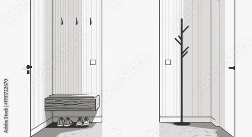 Modern entryway with wooden bench and coat rack vector on isolated  white background.