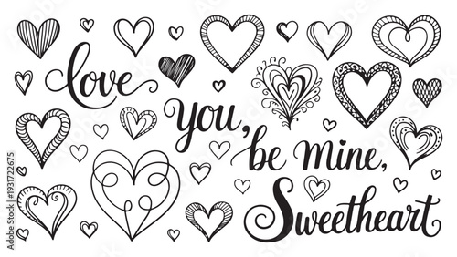Love you sweetheart romantic handwritten calligraphy and doodle hearts vintage romantic valentines day love theme