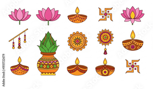 Traditional Hindu Festival Decorative Elements Flat Vector Set