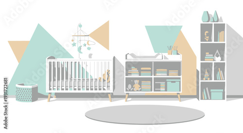 Serene baby nursery with crib and bookshelves vector on isolated  white background.
