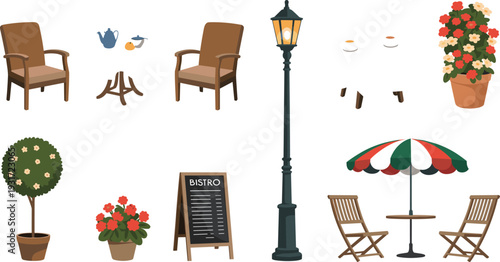 Flat Minimalist European Bistro Outdoor Cafe Furniture Set with Chairs, Tables, Street Lamp, Umbrella, and Potted Plants