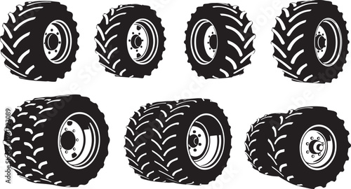 Collection of various black tires with silver rims illustration