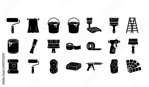 Black Silhouette Painting and Decorating Tools Icon Set