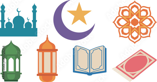 Flat Minimalist Islamic Symbols Collection with Mosque Crescent Star Lantern Quran Prayer Mat and Geometric Ornament Design