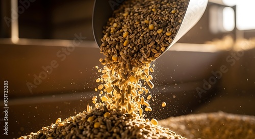 Close-up of animal feed pouring from a scoop into a large pile of grains