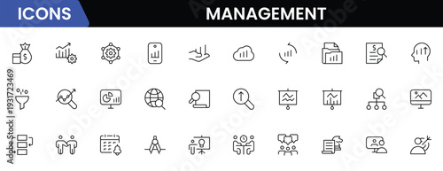Management icon set. Contains such icons as schedule, human resource, management, development, planning, strategy, and more. Time management and planning concept