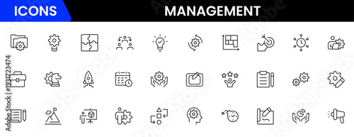 Management icon set. Contains such icons as schedule, human resource, management, development, planning, strategy, and more. Time management and planning concept