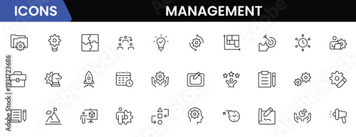 Management icon set. Contains such icons as schedule, human resource, management, development, planning, strategy, and more. Time management and planning concept