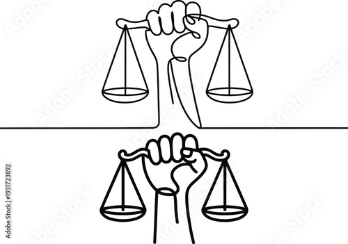 Hand Holding Justice Scales Line Art, Legal Balance Symbol Illustration.