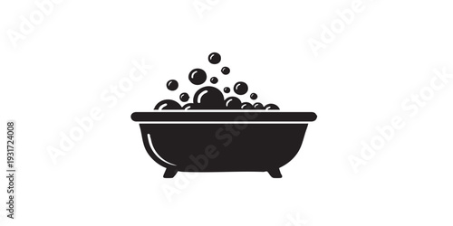 Minimal flat vector icon of a bath tub with bubbles representing self-care concept, simple solid black silhouette, clean monochrome design, isolated on white background.