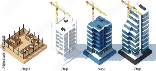 Building Construction Process Stages Isometric Vector Illustration, From Foundation Framework to Modern High Rise Apartment Development