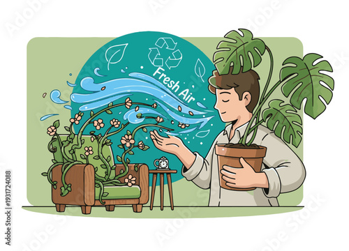 Man enjoying fresh air with houseplants in modern living room