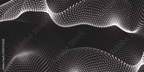Abstract halftone dotted wave background. Silver dots waves on a black background.