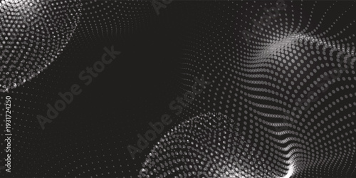 Abstract halftone dotted wave background. Silver dots waves on a black background.