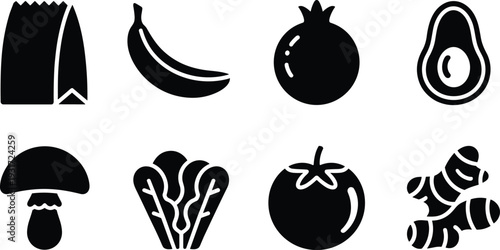 Minimalist Black and White Food Icon Set Featuring Fruits, Vegetables, Mushroom, Avocado, Banana, Tomato, and Ginger Root