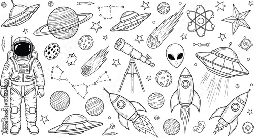 Hand Drawn Space Doodle Collection with Astronaut Rockets Planets UFO and Astronomy Elements