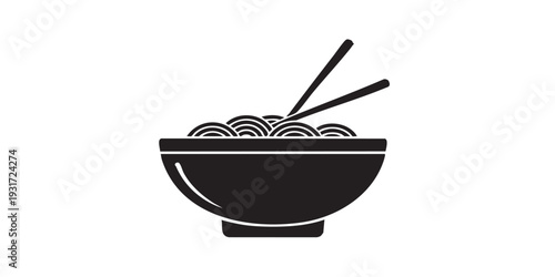Minimal flat vector icon of a stoneware ramen bowl with noodles and chopsticks, solid black monochrome silhouette, clean simple design, centered composition, isolated on white background.