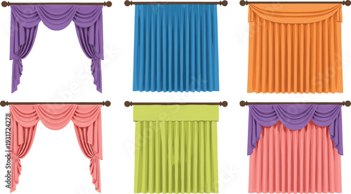 Flat vector illustration set of six elegant window curtains and drapes with valances in purple blue orange pink and green for interior home decor branding