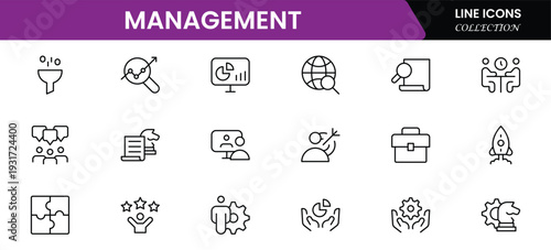 Management icon set. Contains such icons as schedule, human resource, management, development, planning, strategy, and more. Time management and planning concept