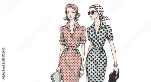 Two women in polka dot dresses walking together.