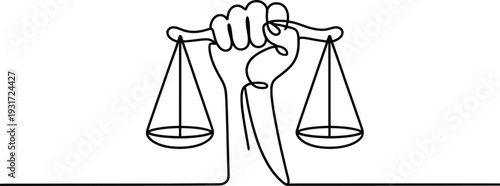 Hand Holding Justice Scales Line Art, Legal Balance Symbol Illustration.
