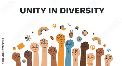 Diverse raised fists symbolizing unity and solidarity in multicultural community.