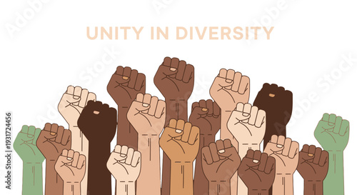 Diverse hands raised in unity and solidarity together.