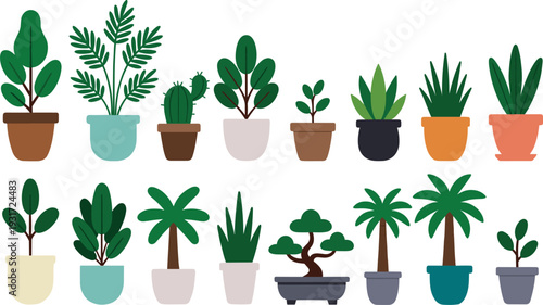 Flat vector illustration set of sixteen diverse green house plants and succulents in various colorful ceramic pots for home decor gardening and interior branding