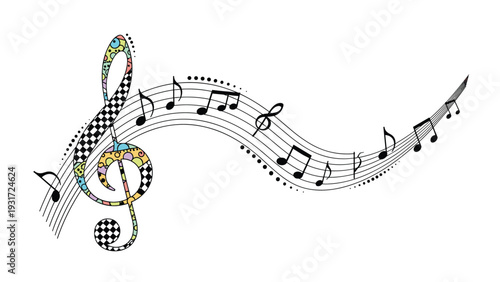 Wavy music staff lines with various notes and a large treble clef decorated with colorful geometric patterns art.