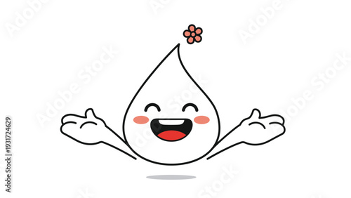 Cheerful white droplet character with open arms and a wide smile wearing a small red flower on its head decoration.