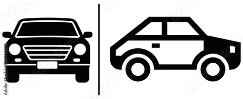A clean black and white vector graphic displaying a car from two perspectives: a solid frontal view and a stylized profile outline, separated by a vertical dividing line.