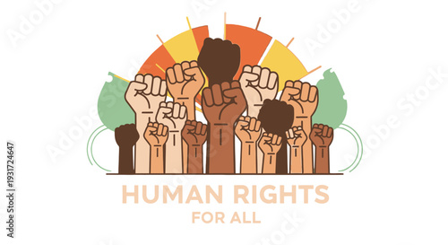 Diverse group of people raising fists in solidarity for human rights.