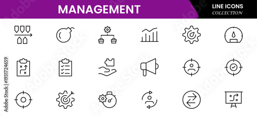 Management icon set. Contains such icons as schedule, human resource, management, development, planning, strategy, and more. Time management and planning concept