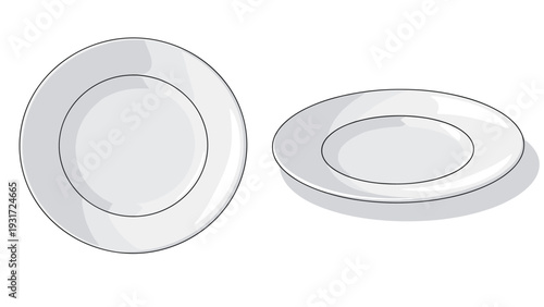 Two clean empty white ceramic plates shown from a top-down and a perspective view placed on a plain white background.