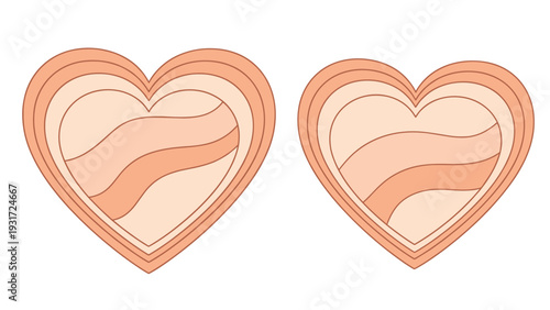Two orange and cream colored heart shapes featuring internal wavy layers creating a decorative patterned effect art.
