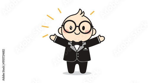 Cheerful cartoon character wearing a black tuxedo with a bow tie and round glasses with happy outstretched arms out.