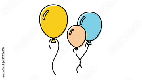 Three colorful balloons in yellow orange and blue float gracefully with their strings trailing behind in a simple and festive celebration.