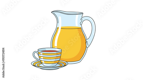 Clear glass pitcher filled with orange juice stands beside a matching striped teacup and saucer in a simple breakfast table arrangement.