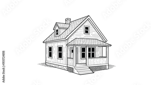 Detailed black and white sketch of a cozy cottage house with a front porch and chimney showcases traditional architectural home design.