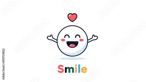 Happy white sphere character with open arms and a wide smile encourages positivity above the colorful text spelling out the word smile.