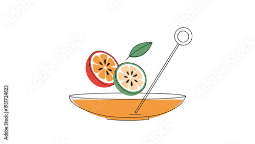 Refreshing summer drink illustration shows slices of orange and lime falling into a bowl of juice with a metal stirrer on a white background.