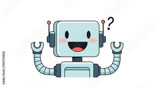 Cute light blue robot character looks confused with a large question mark floating above its head in a friendly technology themed vector.